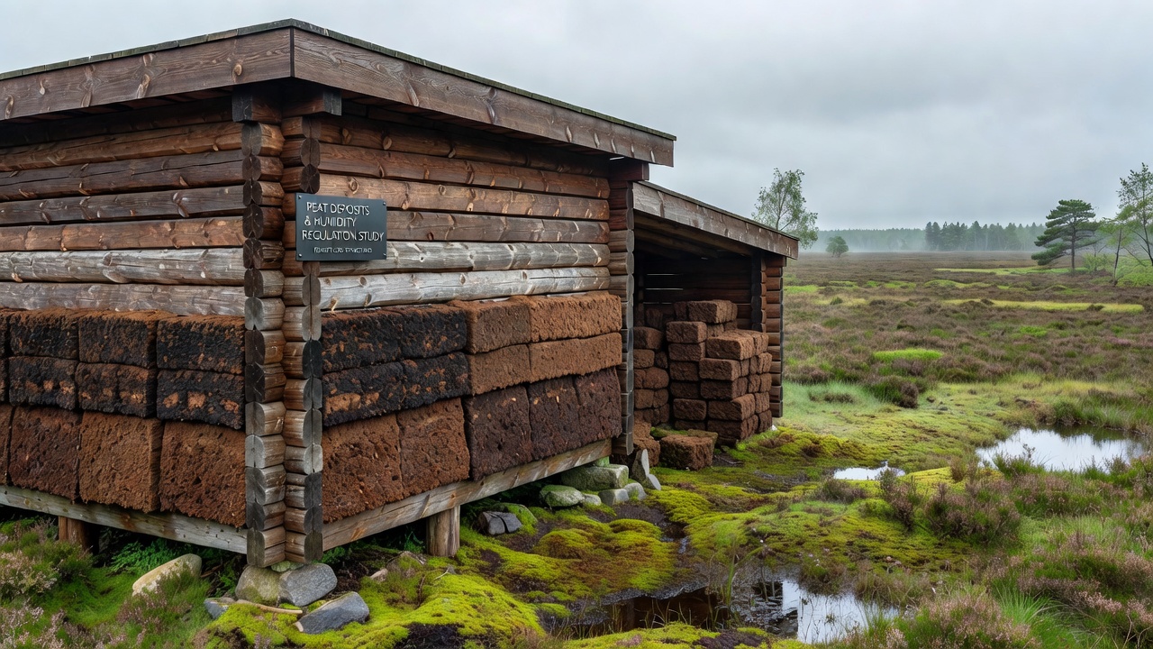 Cross section view of peat integrated into log wall construction for humidity regulation