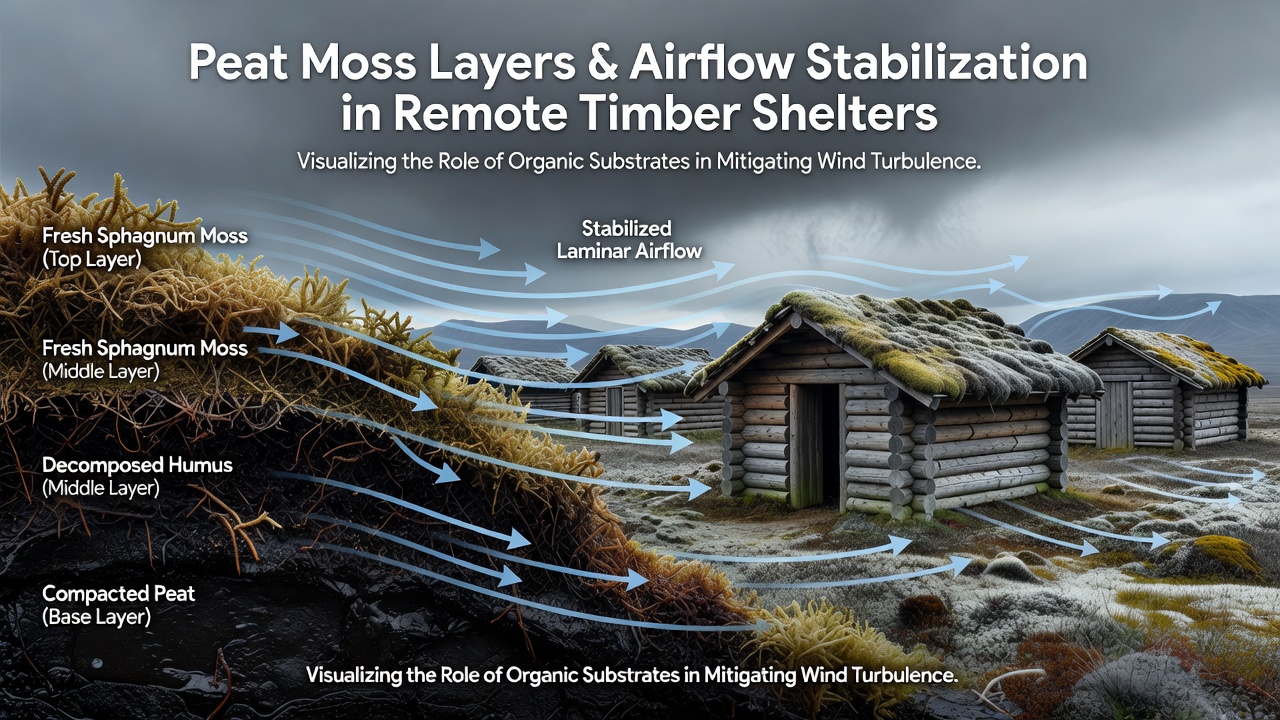 Interior view of a timber shelter wall with exposed peat moss layers illustrating how air diffuses through the material